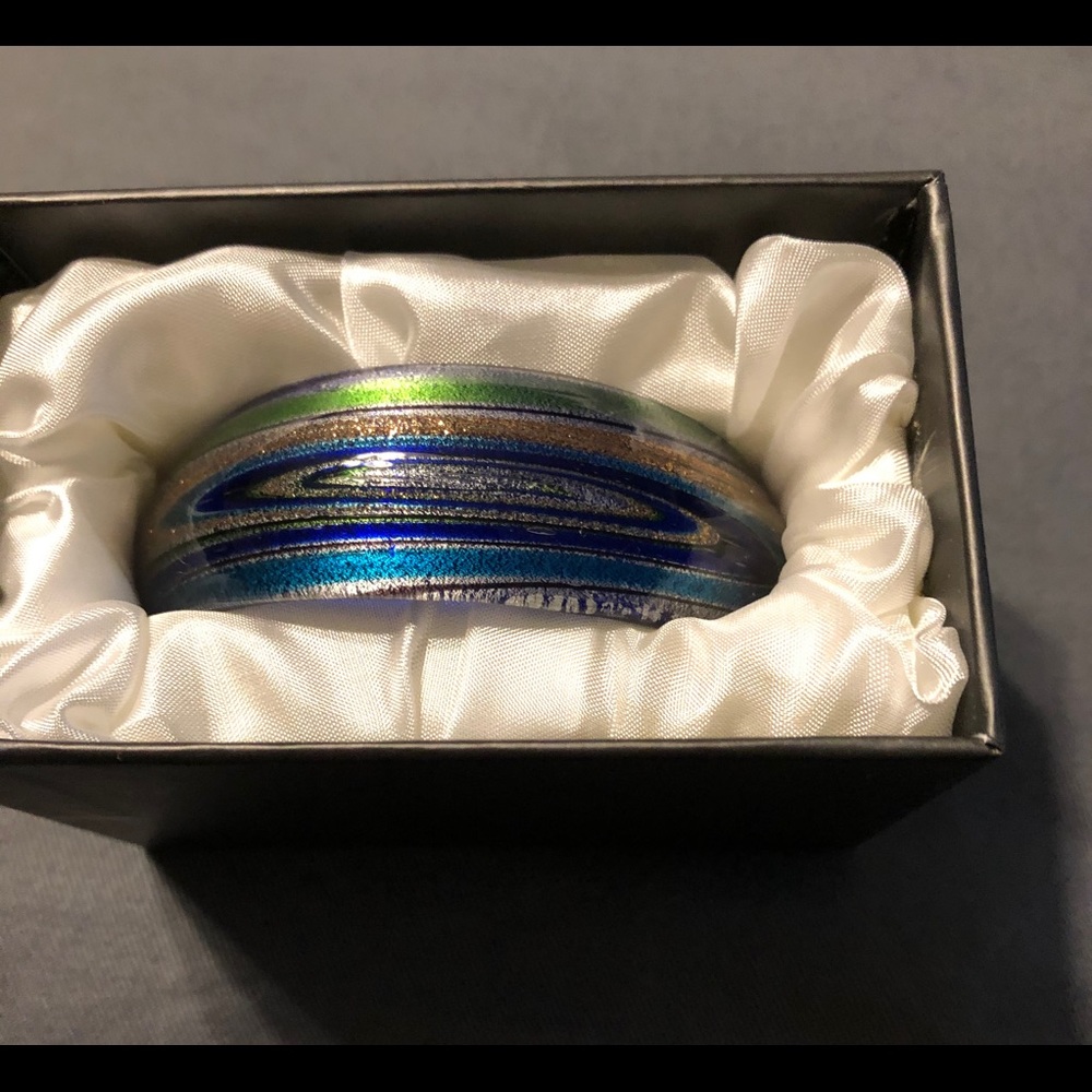 Pier One blue art glass cuff bracelet. NIB.
